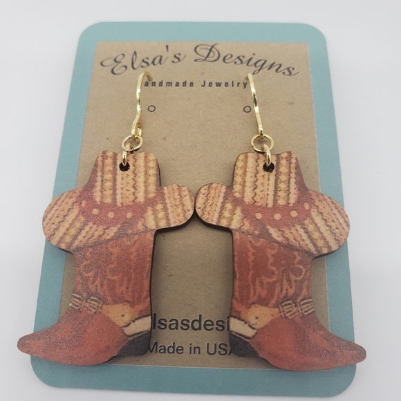 Hand Crafted Jewelry - 1990- Cowgirl Western Boot Wooden Handmade Earrings NWT
